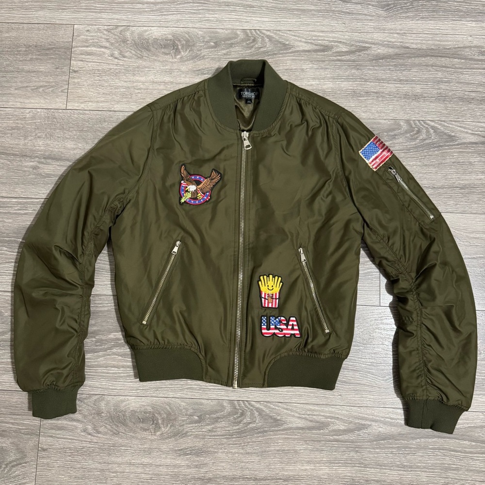 Topshop Khaki Bomber Jacket with Embroidered Patches‎